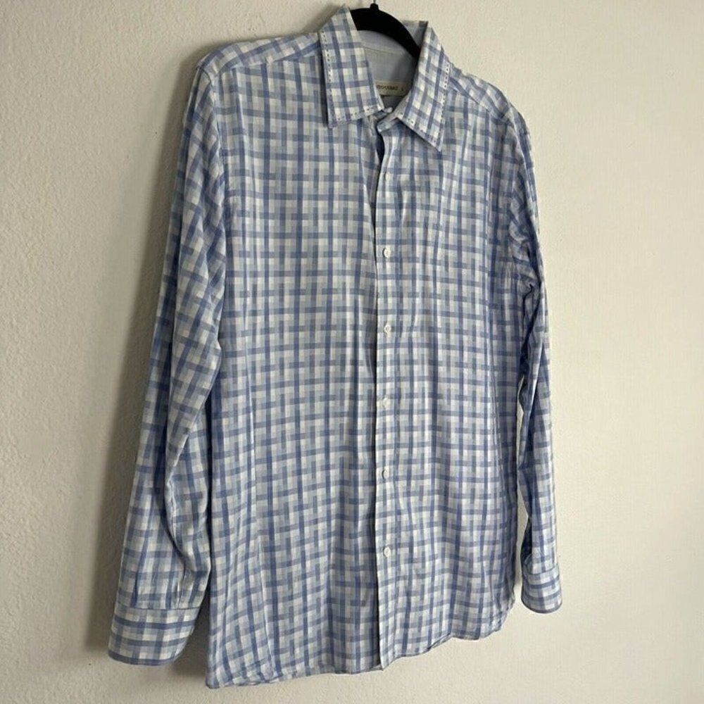 PRONTO UOMO Mens Cotton Long Sleeve Button Up Blue Plaid Abstract Shirt Large - Picture 9 of 10